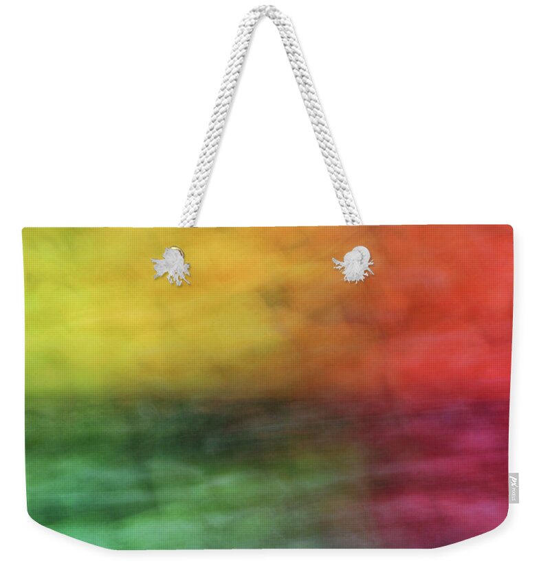 Abstract Weekender Tote Bag featuring the photograph Bright abstract blurred color blocks of yellow, orange, red and green by Teri Virbickis