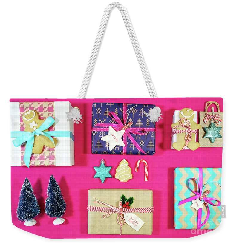Advent Weekender Tote Bag featuring the photograph Bright modern Christmas Holiday overhead by Milleflore Images