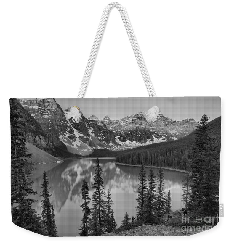 Moraine Lake Weekender Tote Bag featuring the photograph Brilliant Moraine Lake Sunrise Reflections 2019 Black And White by Adam Jewell