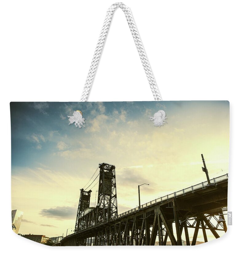Orange Color Weekender Tote Bag featuring the photograph Broadway Steel Bridge To Portland by Ryanjlane