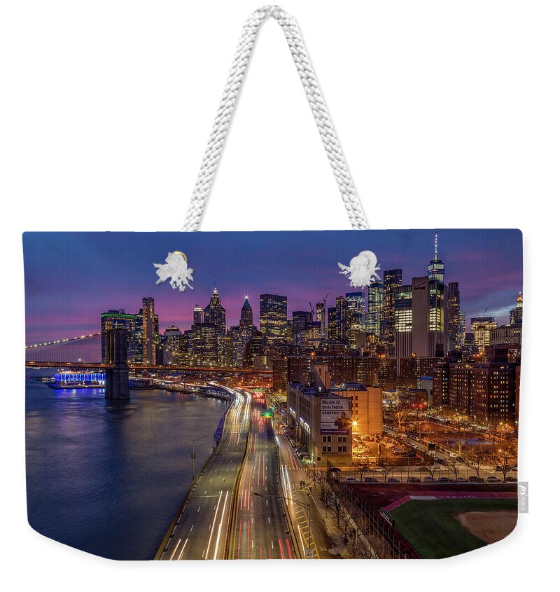 Nyc Skyline Weekender Tote Bag featuring the photograph Brooklyn Bridge and Manhattan Skyline by Susan Candelario
