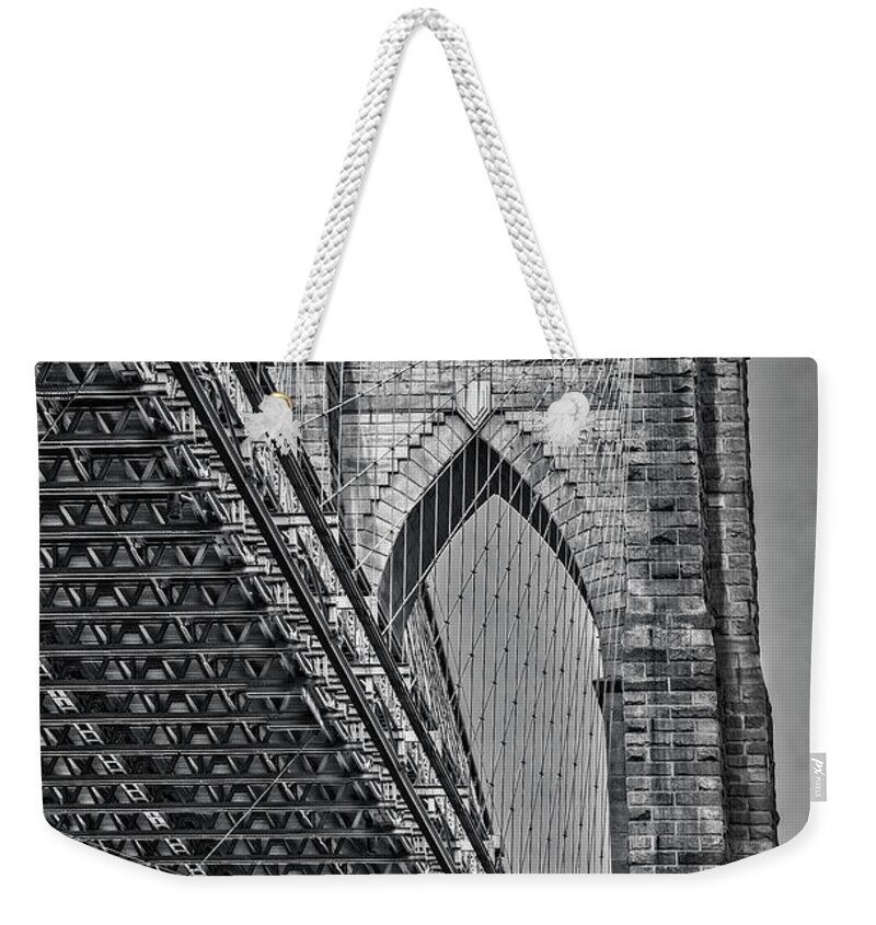 Brooklyn Bridge Weekender Tote Bag featuring the photograph Brooklyn Bridge Over and Under BW by Susan Candelario
