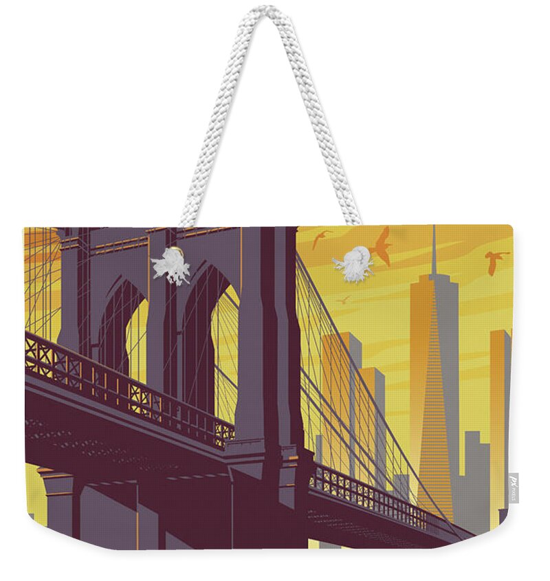Brooklyn Weekender Tote Bag featuring the digital art Brooklyn Bridge Poster - New York Vintage by Jim Zahniser