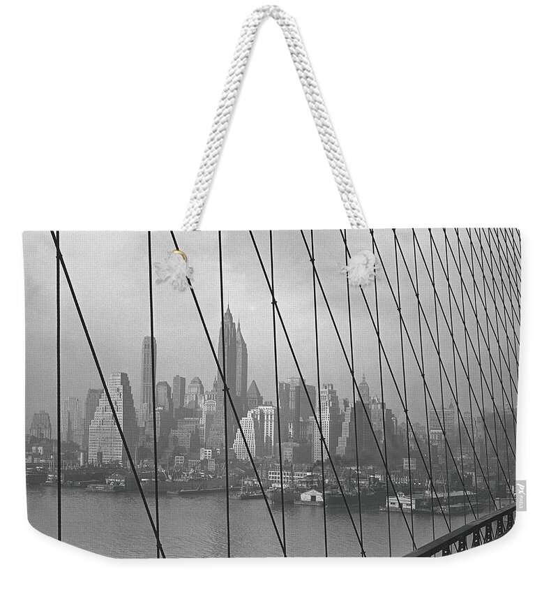 Suspension Bridge Weekender Tote Bag featuring the photograph Brooklyn Bridge With New York City In by George Marks