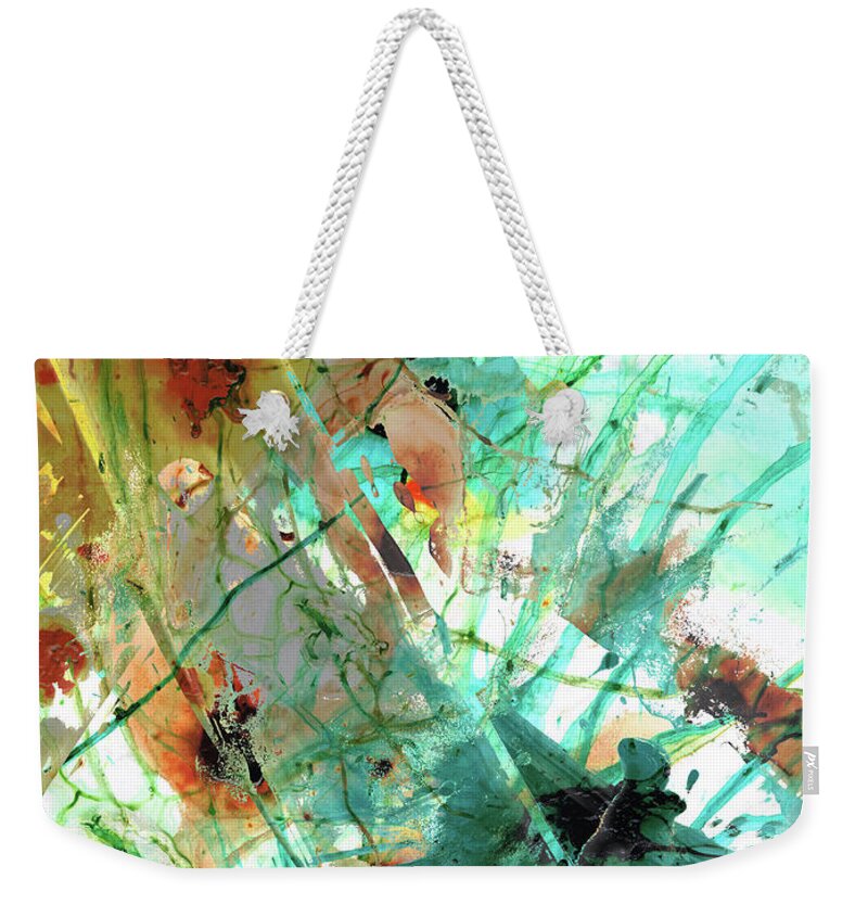 Brown Weekender Tote Bag featuring the painting Brown and Teal Abstract Art - Give And Take - Sharon Cummings by Sharon Cummings