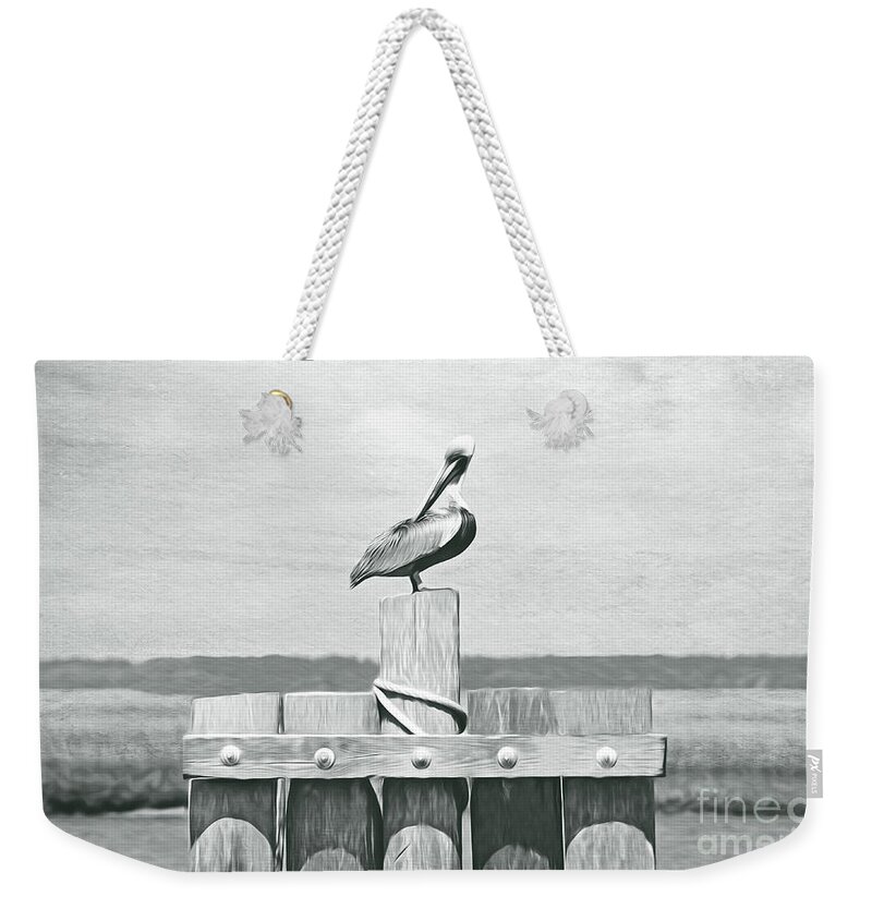 Brown Pelican Weekender Tote Bag featuring the photograph Brown Pelican Bw by Laura D Young