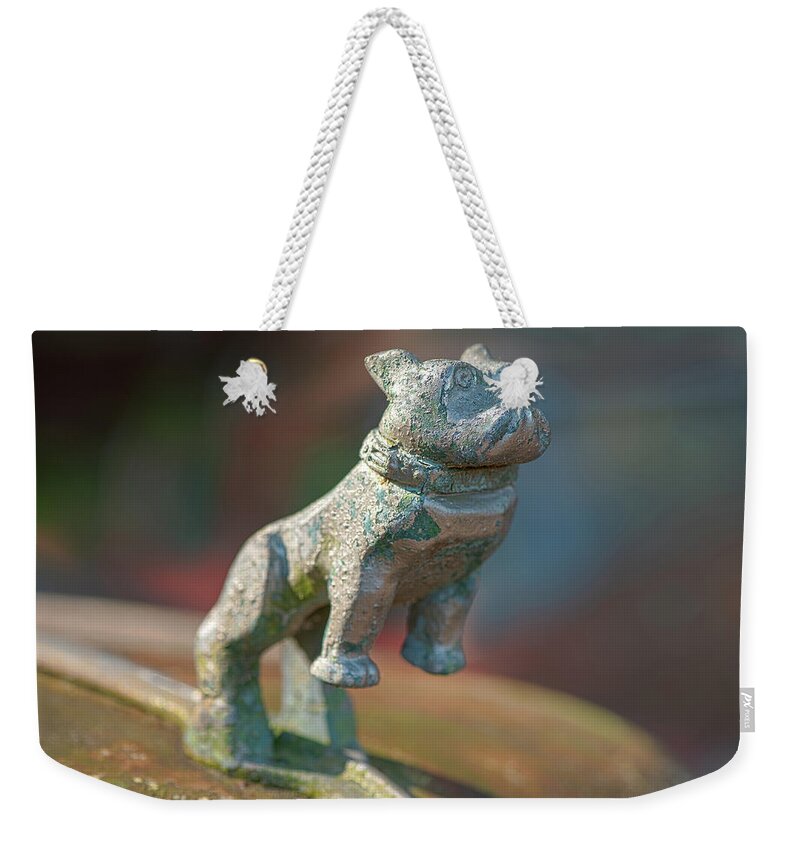 Old Car Weekender Tote Bag featuring the photograph Bulldog Hood Ornament by Minnie Gallman