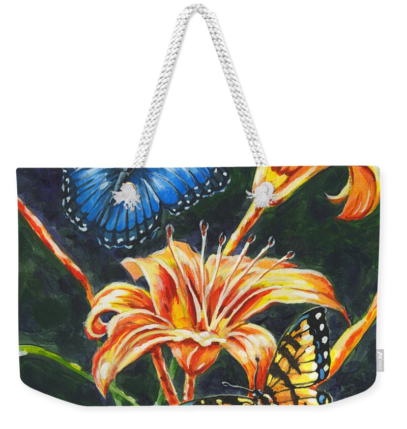 Butterfly Weekender Tote Bag featuring the painting Butterflies And Flowers Sketch by Richard De Wolfe
