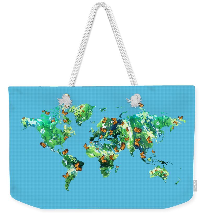 Butterfly Weekender Tote Bag featuring the painting Butterflies And Watercolor Silhouette World Map Colorful PNG XV by Irina Sztukowski