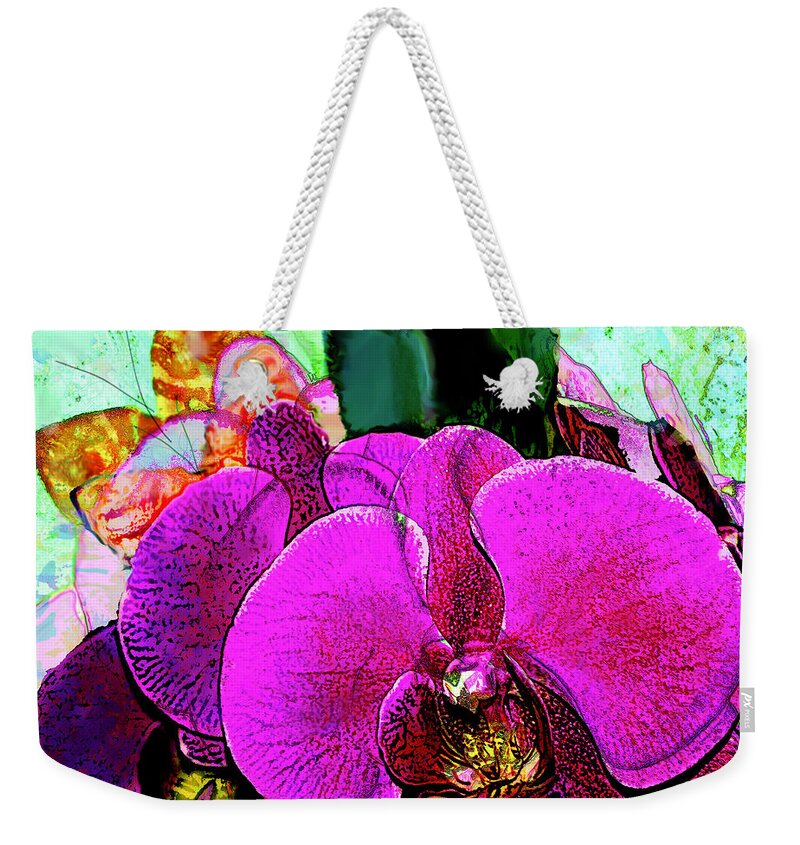 Butterfly Orchids And Butterflies Weekender Tote Bag featuring the mixed media Butterfly Orchids and Butterflies by Bonnie Marie