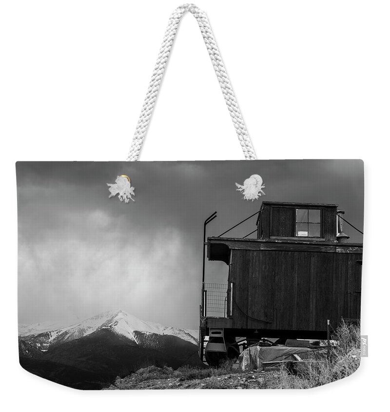 Caboose Weekender Tote Bag featuring the photograph Caboose in Black and White by Sandra Dalton