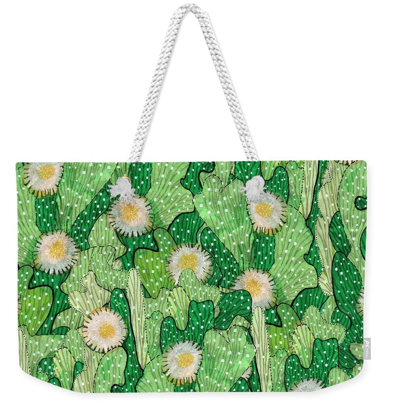 Blooming Succulents Weekender Tote Bag featuring the mixed media Cacti Camouflage, Floral Pattern by Julia Khoroshikh