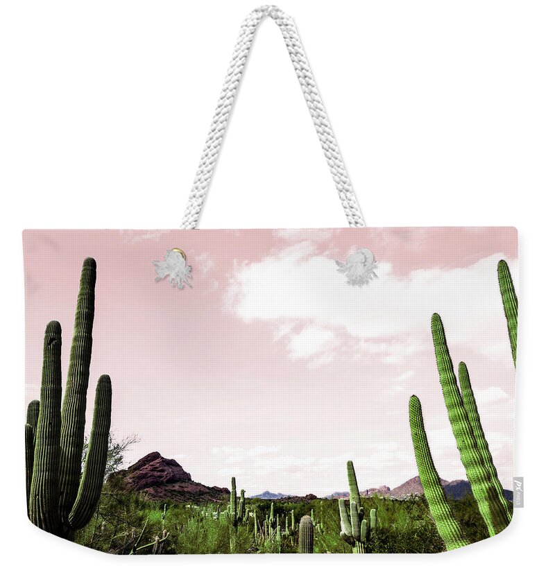 Cactus Weekender Tote Bag featuring the photograph Cactus Landscape Under Pink Sky by Bill Carson Photography
