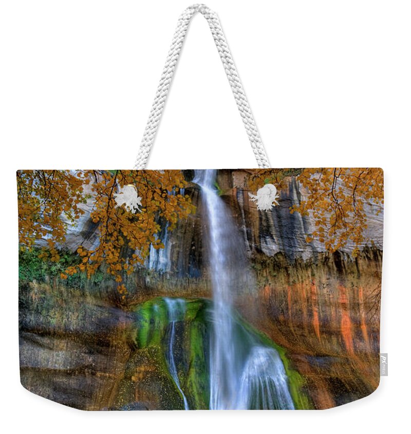 Jeff Foott Weekender Tote Bag featuring the photograph Calf Creek Falls In Utah by Jeff Foott