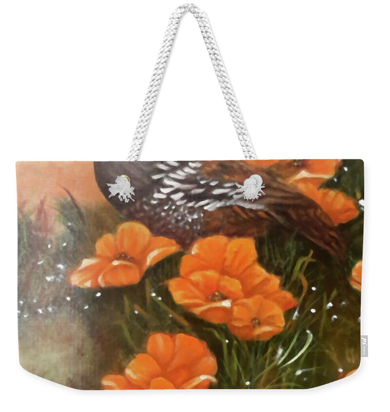 Quail Weekender Tote Bag featuring the painting California Quail and Poppies by Sherry Strong