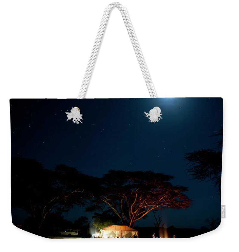 Tranquility Weekender Tote Bag featuring the photograph Camping Under Fever Tree And Full Moon by Mike D. Kock