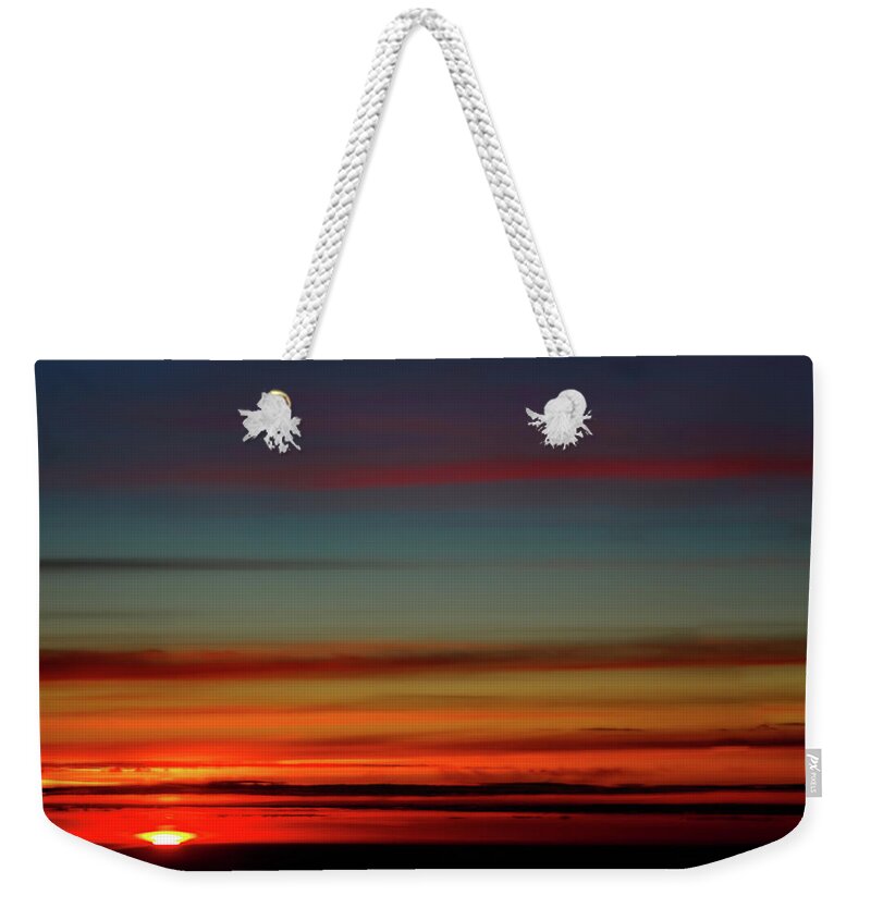 Sunset Colors Layers Abstract Airplane Orbit High Altitude Canada Weekender Tote Bag featuring the photograph Canadian Sunset from 40000 ft by Peter Herman