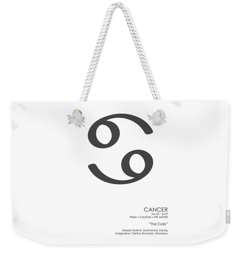 Cancer Weekender Tote Bag featuring the mixed media Cancer Poster - Zodiac Signs Print - Zodiac Posters - Cancer Print - Black and White - Cancer Traits by Studio Grafiikka