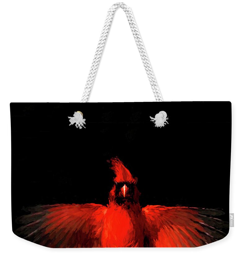 Cardinal Weekender Tote Bag featuring the photograph Cardinal Drama by Pete Rems