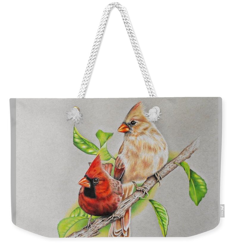 Cardinal Weekender Tote Bag featuring the drawing Cardinal Pair by Karrie J Butler