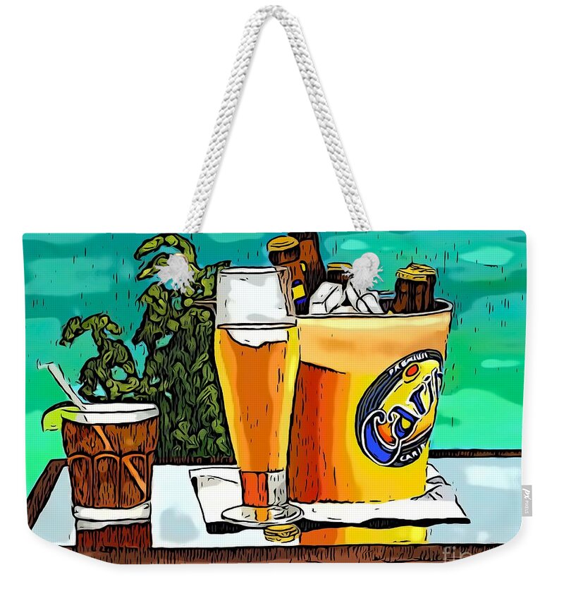 Carib Beer Weekender Tote Bag featuring the digital art Carib Beer by Laura Forde
