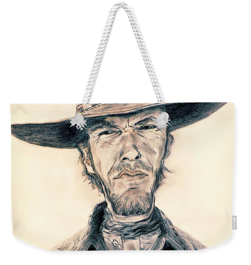 Clint Eastwood Weekender Tote Bag featuring the digital art Caricature of Clint Eastwood as Blondie in The Good the Bad the Ugly by Jim Fitzpatrick