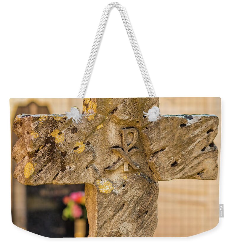 Cross Weekender Tote Bag featuring the photograph carved stone Cross by Vivida Photo PC
