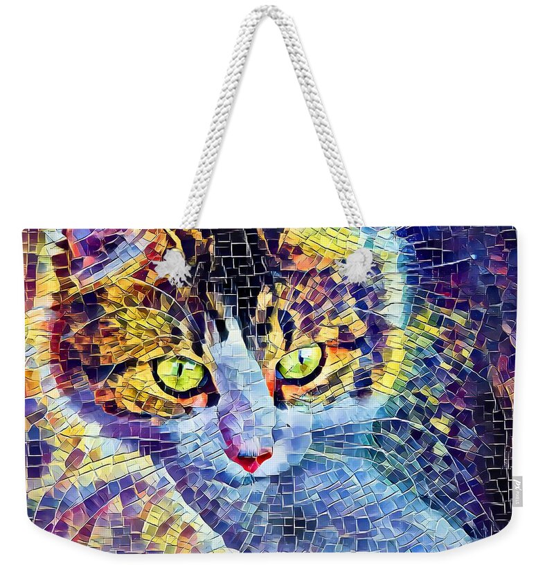 Mosaic Weekender Tote Bag featuring the digital art Cat Mosaic Yellow Eyes by Don Northup