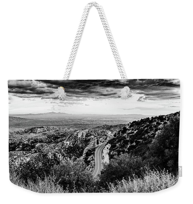 Santa Weekender Tote Bag featuring the photograph Catalina Highway Black and White, Tucson by Chance Kafka