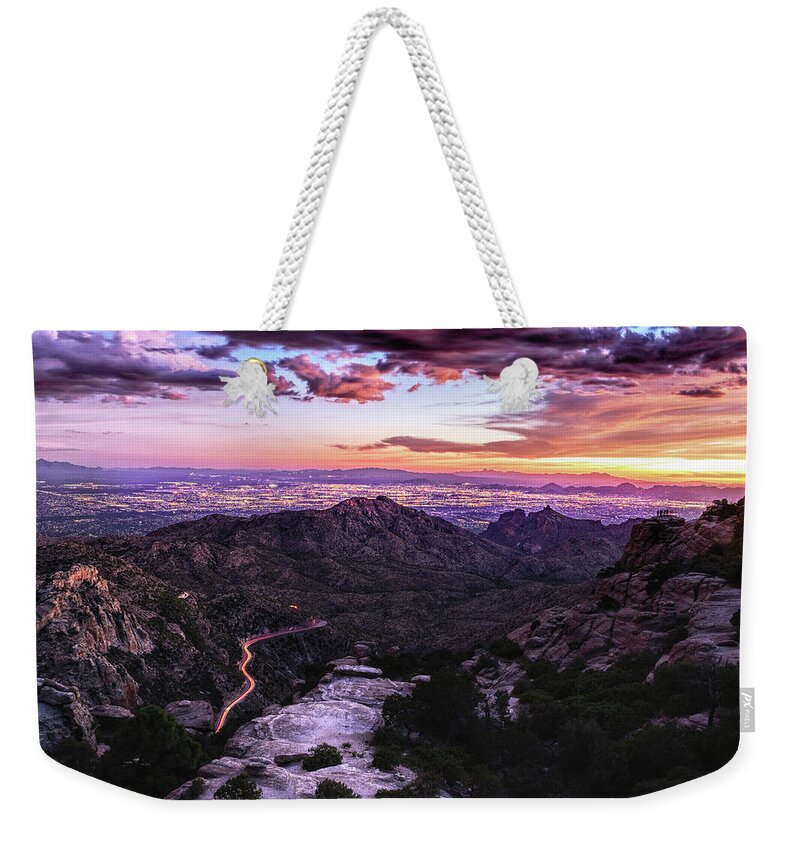 Tucson Weekender Tote Bag featuring the photograph Catalina Highway Sunset and Tucson City Lights by Chance Kafka