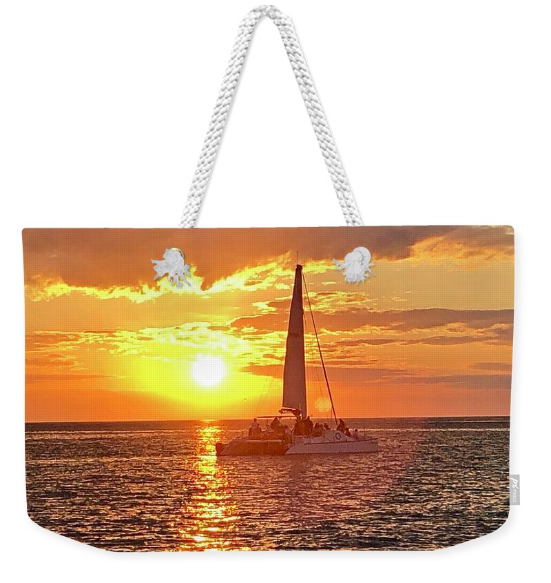 Beach Weekender Tote Bag featuring the photograph Catamaran Sailing Past Sunset in Captiva Island Florida 2019 by Shelly Tschupp