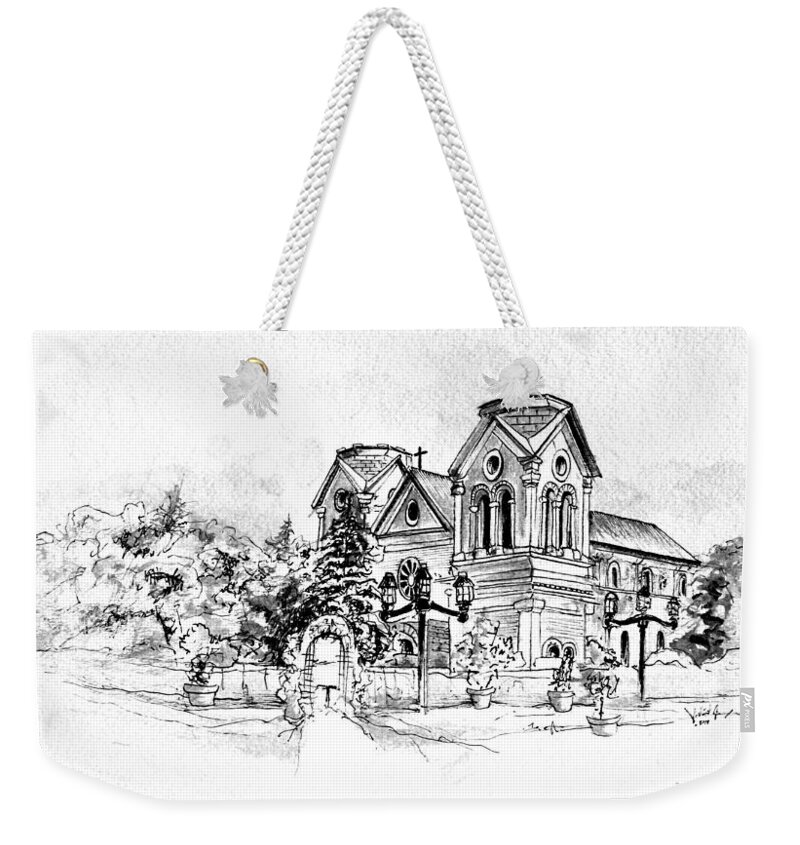 #cathedral #basilica #st. Francis #assisi #santa Fe #new Mexico #nm #cathedral Basilica Of St. Francis Of Assisi #st. Francis #church #wedding #architecture #ink #landscape #mexico #scarpace #ipaintfish Weekender Tote Bag featuring the painting Cathedral Basilica of St. Francis of Assisi - Santa Fe, New Mexico by J Vincent Scarpace