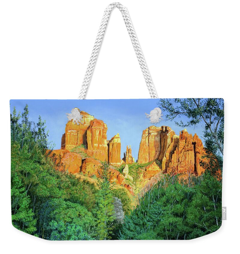 Morning Weekender Tote Bag featuring the painting Cathedral Rock at Oak Creek by Timithy L Gordon