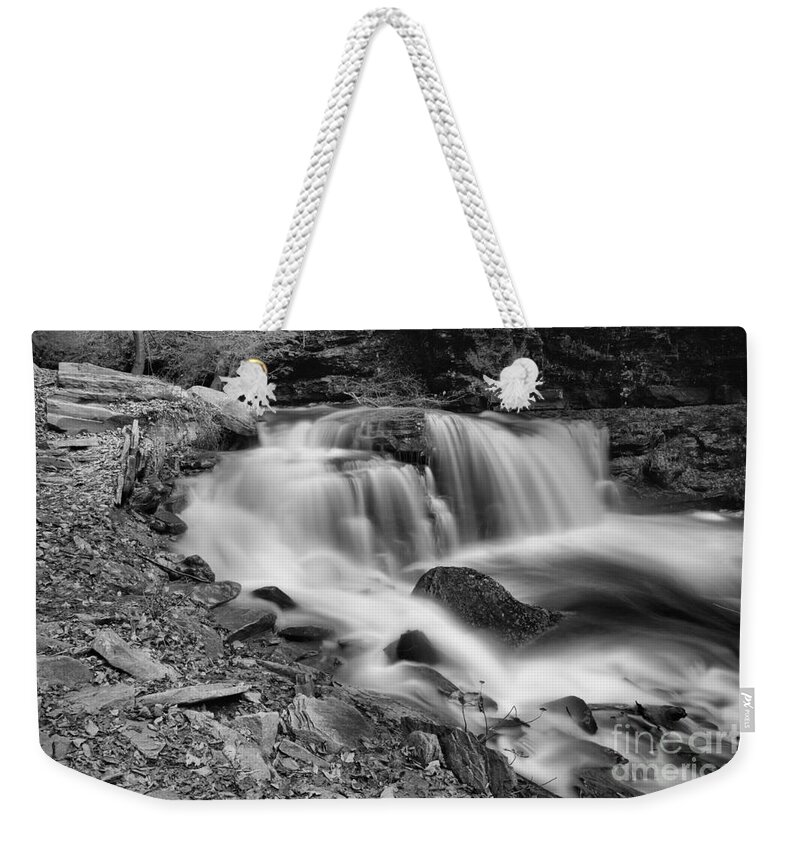 Ganoga Glen Weekender Tote Bag featuring the photograph Cayuga Falls Autumn View Black And White by Adam Jewell