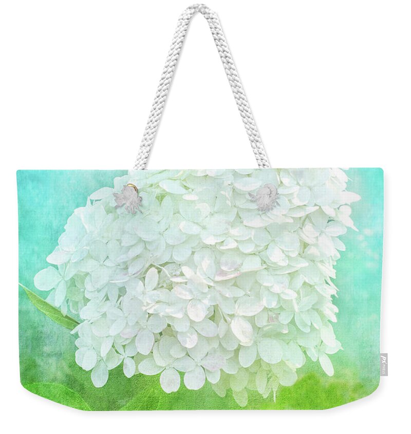 White Hydrangea Weekender Tote Bag featuring the photograph Cease The Moment by Kathi Mirto