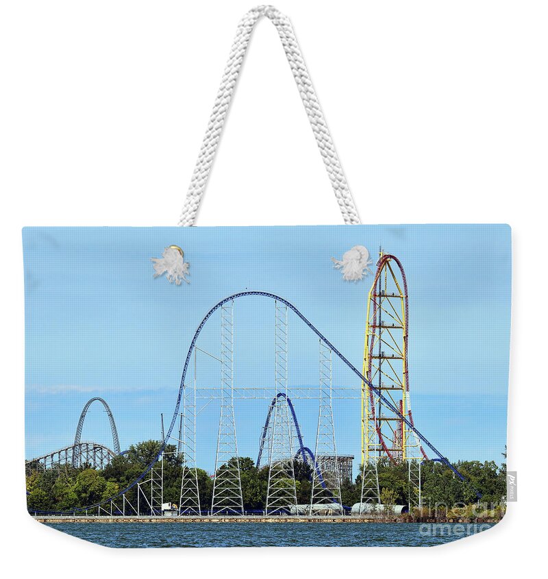 Cedar Point Weekender Tote Bag featuring the photograph Cedar Point Millennium Force and Top Trill Dragster 0458 by Jack Schultz