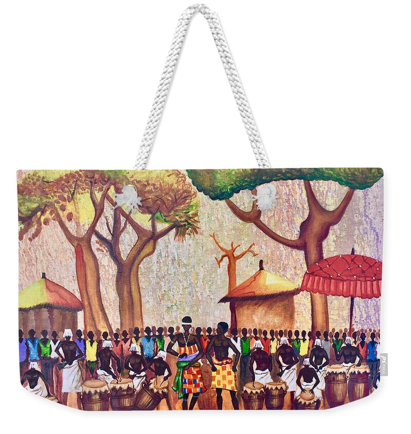 Africa Weekender Tote Bag featuring the painting Celebration Drumming - Red by Francis Sampson