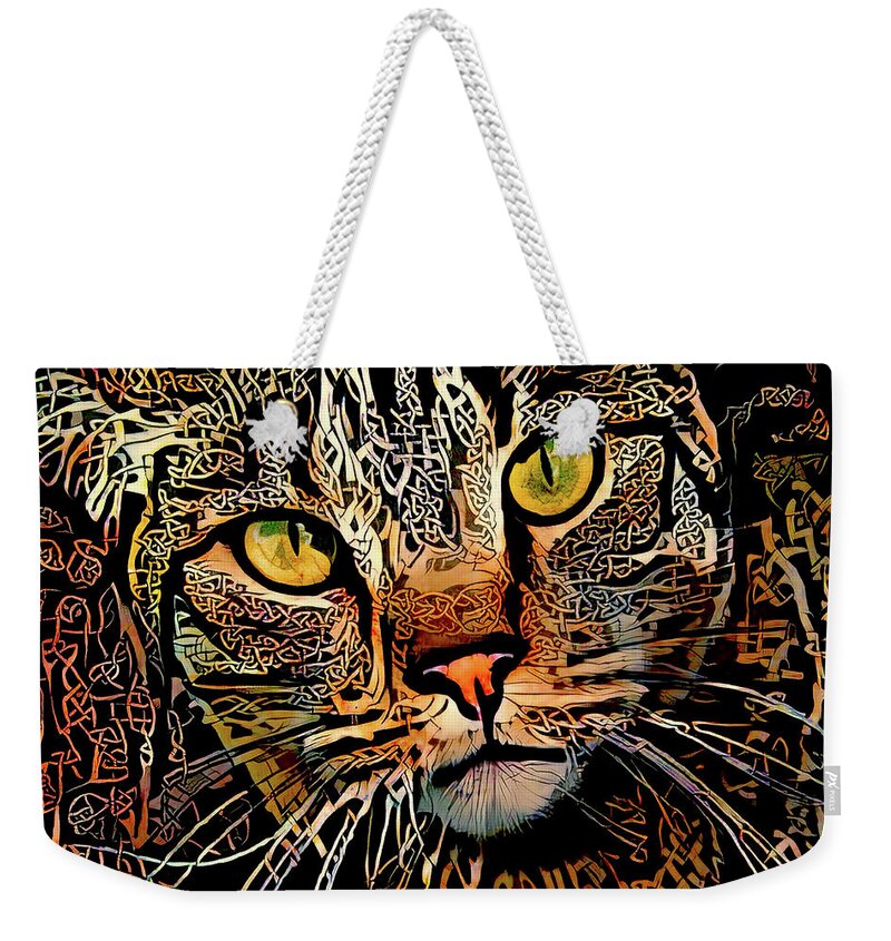 Celtic Knot Weekender Tote Bag featuring the digital art Celtic Knot Cat Art by Peggy Collins