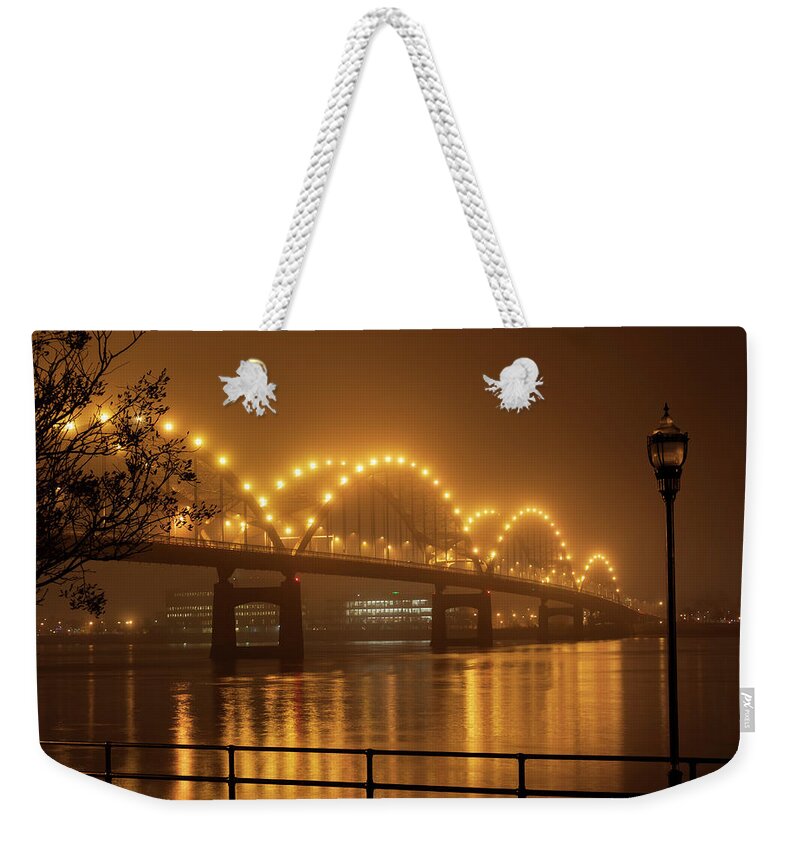 Night Time Weekender Tote Bag featuring the photograph Centennial Bridge Iowa Night Photo by Sandra J's