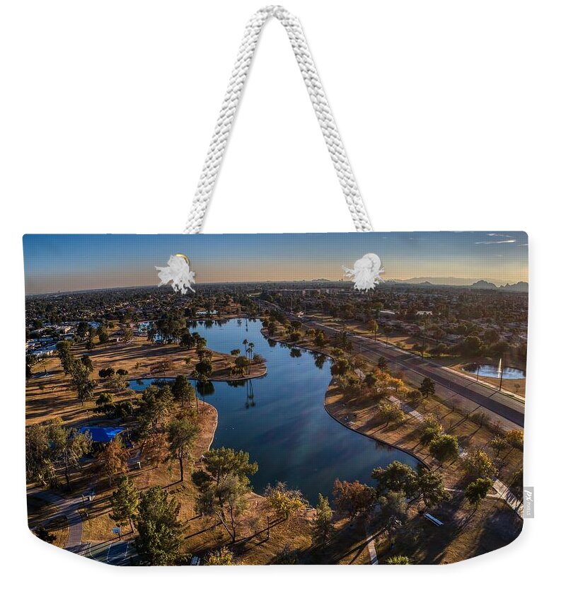 Aerial Shot Weekender Tote Bag featuring the photograph Chaparral Lake by Anthony Giammarino
