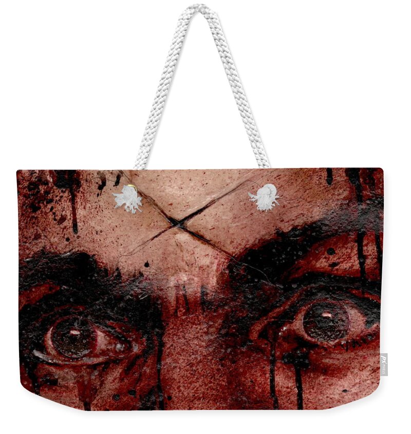 Ryan Almighty Weekender Tote Bag featuring the painting CHARLES MANSONS EYES dry blood by Ryan Almighty