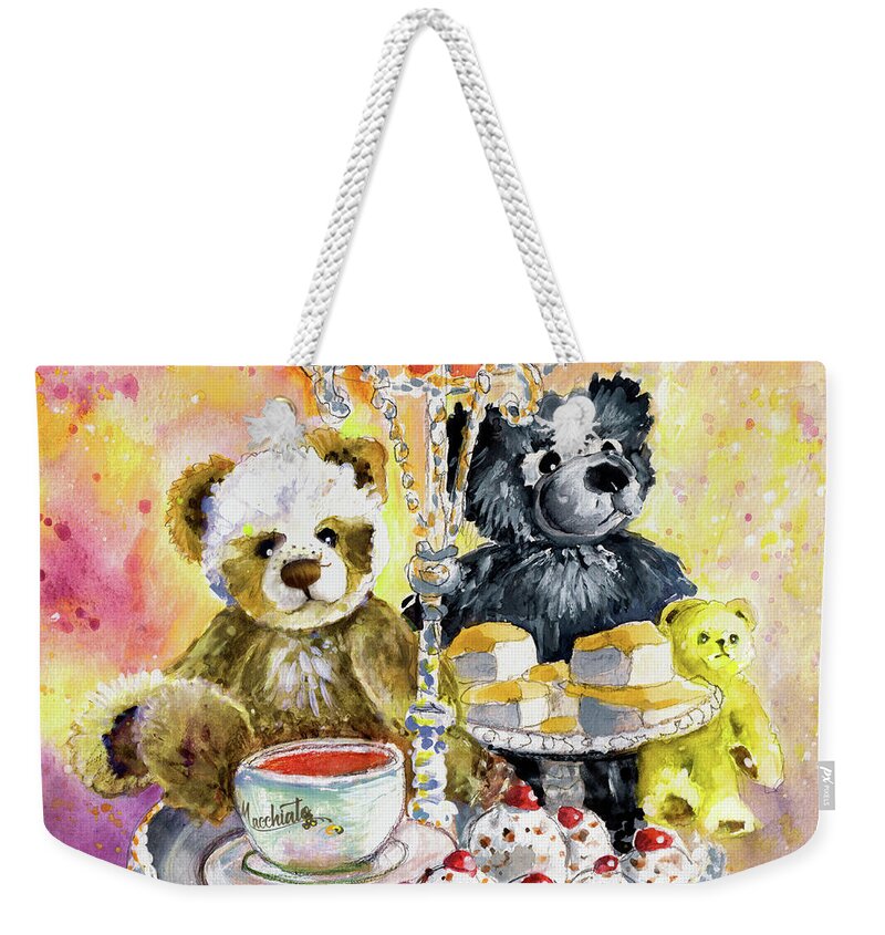 Teddy Weekender Tote Bag featuring the painting Charlie Bears Hot Cross Bun And Dreamer by Miki De Goodaboom