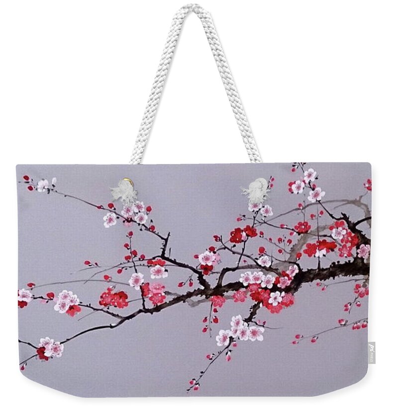 Russian Artists New Wave Weekender Tote Bag featuring the painting Cherry Branch with Pink, White and Red Flowers by Alina Oseeva