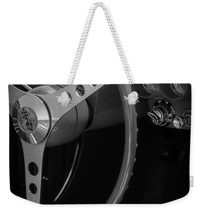 Corvette Weekender Tote Bag featuring the photograph Chevrolet Corvette Red 1962 BW by Susan Candelario