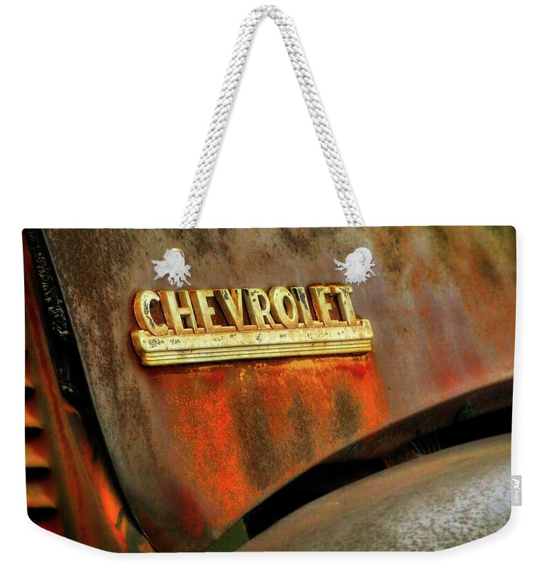 Corrosion Weekender Tote Bag featuring the photograph Chevy hood by Micah Offman