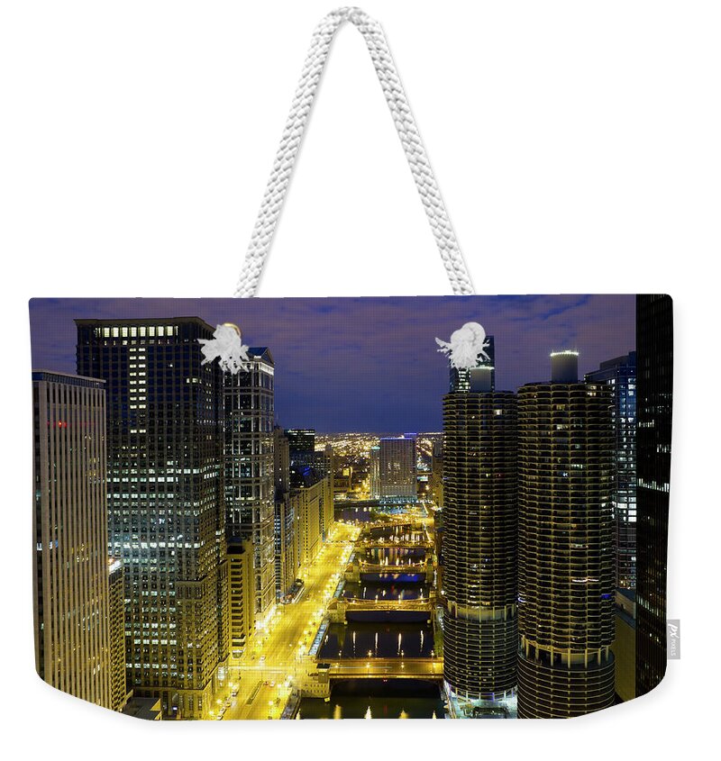 Drawbridge Weekender Tote Bag featuring the photograph Chicago - Aerial View Of Downtown And by Chrisp0