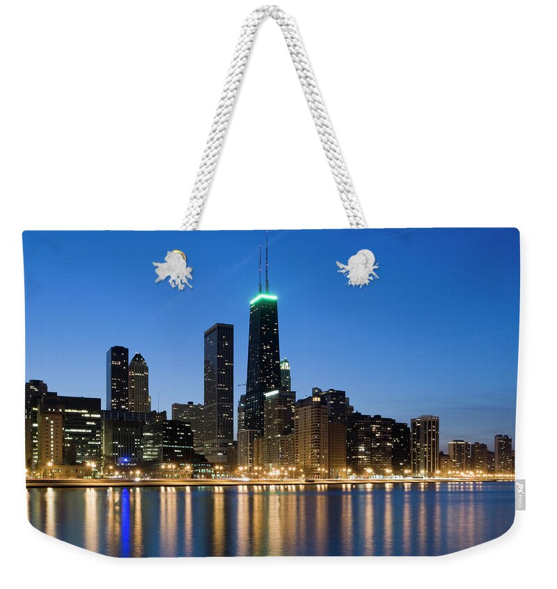 Clear Sky Weekender Tote Bag featuring the photograph Chicago Lakefront At Dusk by Chris Pritchard