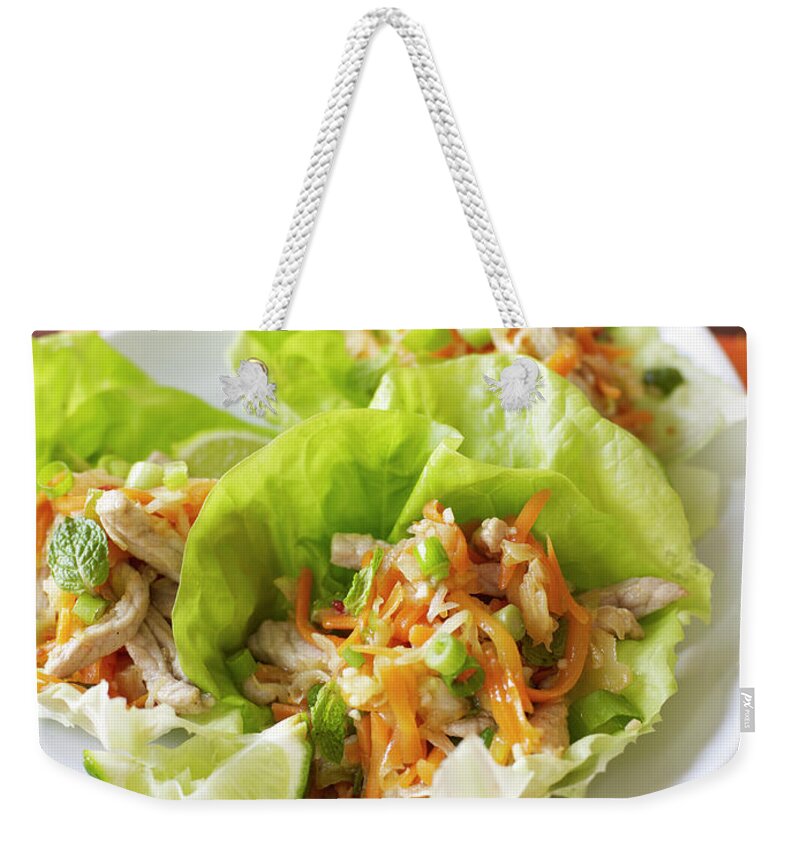 Chicken Meat Weekender Tote Bag featuring the photograph Chicken Lettuce Cups With Vegetables by James Baigrie