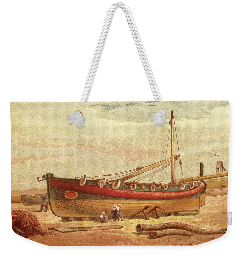 Children's Weekender Tote Bag featuring the painting Children sit below a large drydocked boat on the beach by Kronheim & Dalziels