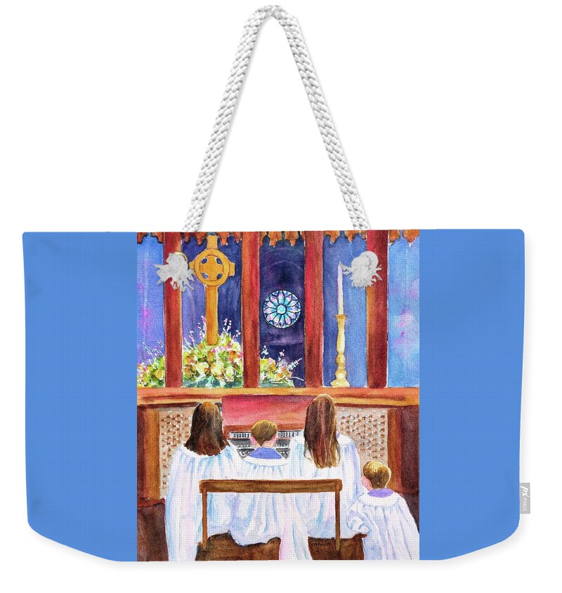 Church Weekender Tote Bag featuring the painting Children's Choir by Carlin Blahnik CarlinArtWatercolor